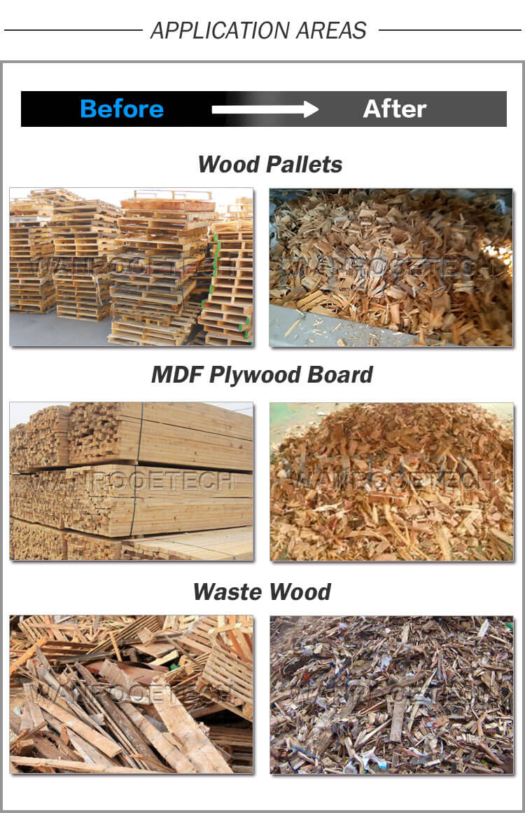 D&eacute;chets de bois, panneaux de contreplaqu&eacute; MDF, application de d&eacute;chiqueteuse de palettes en bois